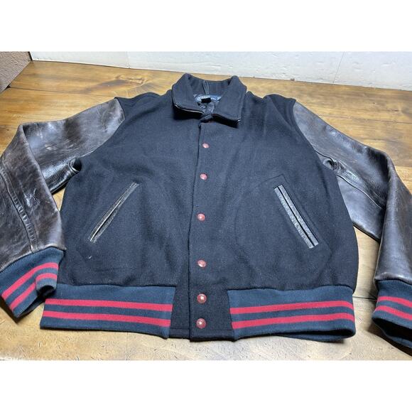 VTG 90s POLO RALPH LAUREN VARSITY JACKET WOOL LEATHER BLACK LETTERMAN MENS XL - Picture 2 of 16